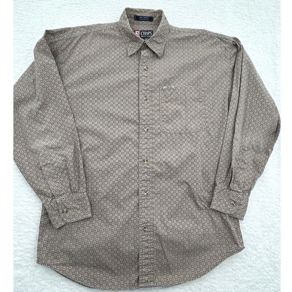 Chaps Ralph Lauren Mens Medium Brown Geometric Cotton Button Down Shirt Long Slv